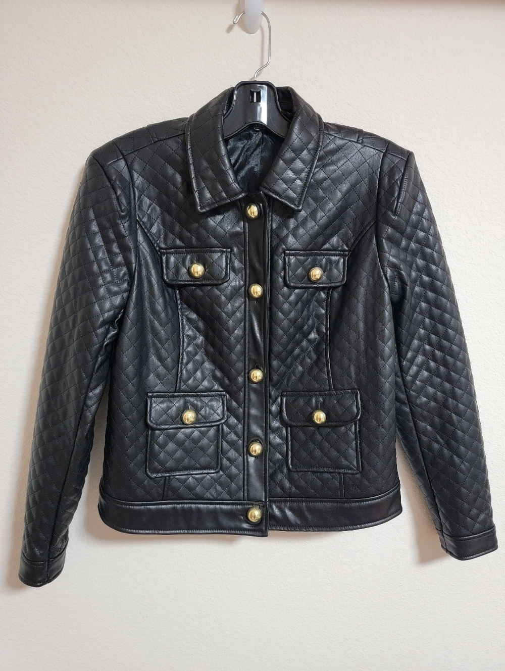 G by Giuliana Black Quilted Faux Leather Jacket with Gold Buttons